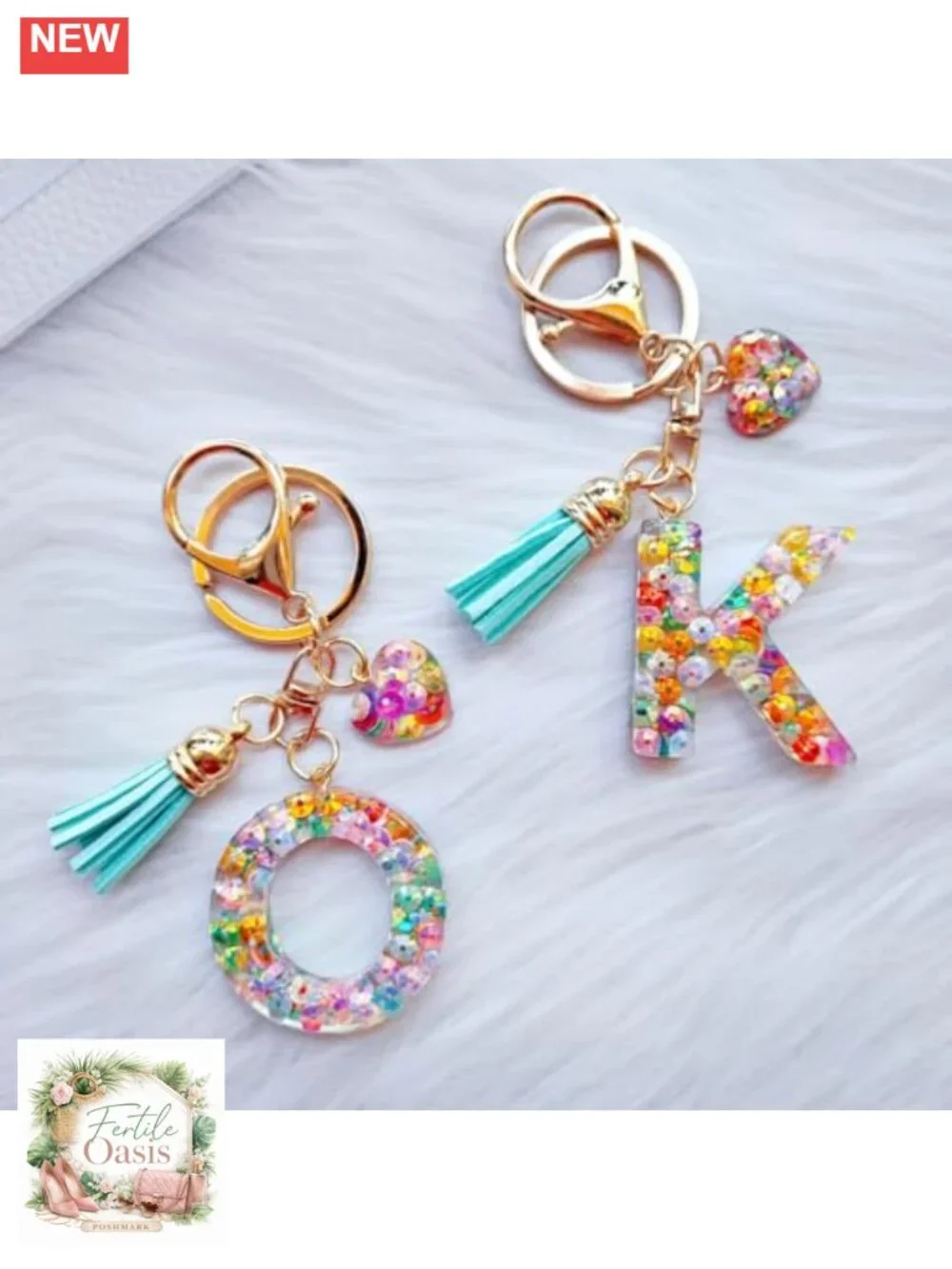 Initial Letter Keychain with Heart Charm and Tassel, Resin and Metal, Cute Gift